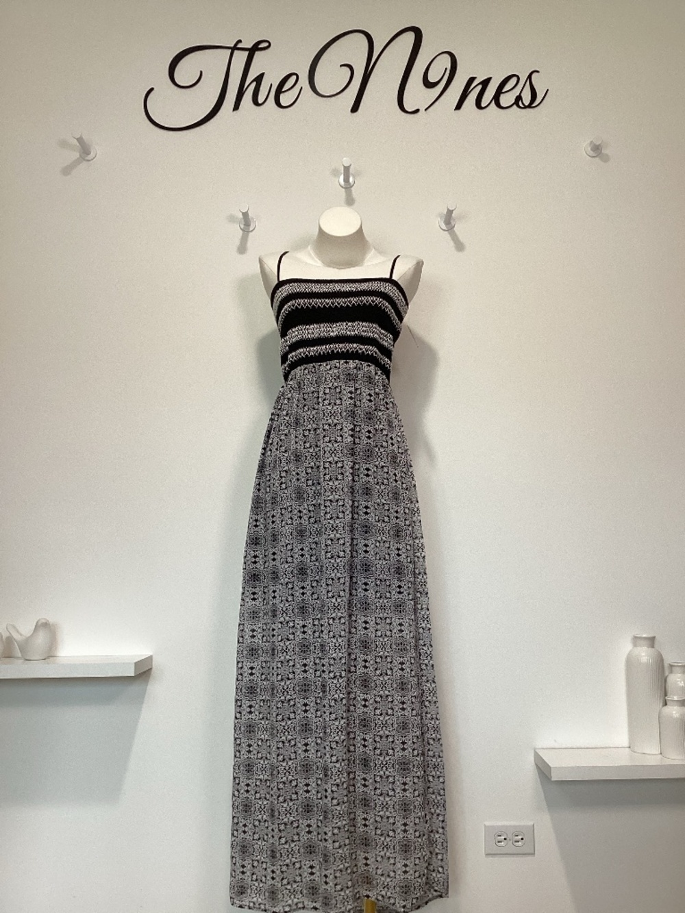 Trixxi Sheer & Smocked Backless Black & White Maxi Dress NWOT Large